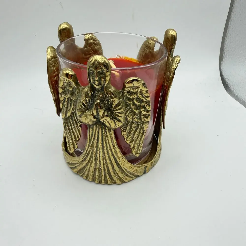 Solid Brass Angel Votive Candle Holder Three Praying Cherubs Glass Cup Korea